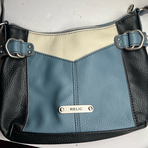 Relic leather 2 tone blue white crossbody patchwork colorblock adjustable - Picture 5 of 7